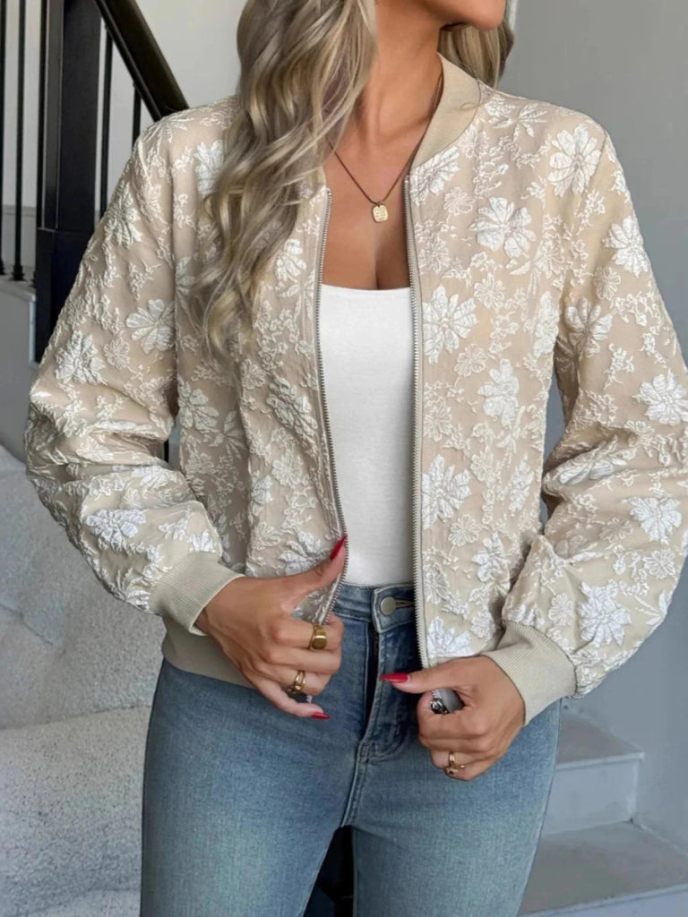 Zip Up Long Sleeve Jacket - Khaki by Trendsi from FREYA’S CLOSET